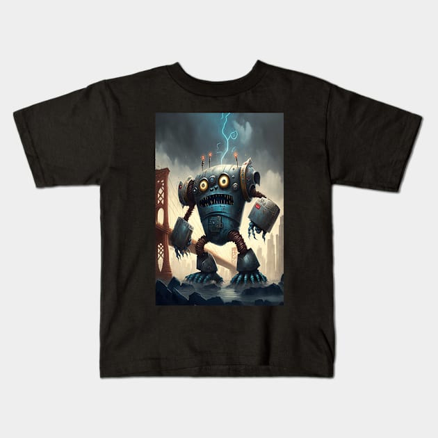 Monster giant robot attacking the city Kids T-Shirt by KoolArtDistrict